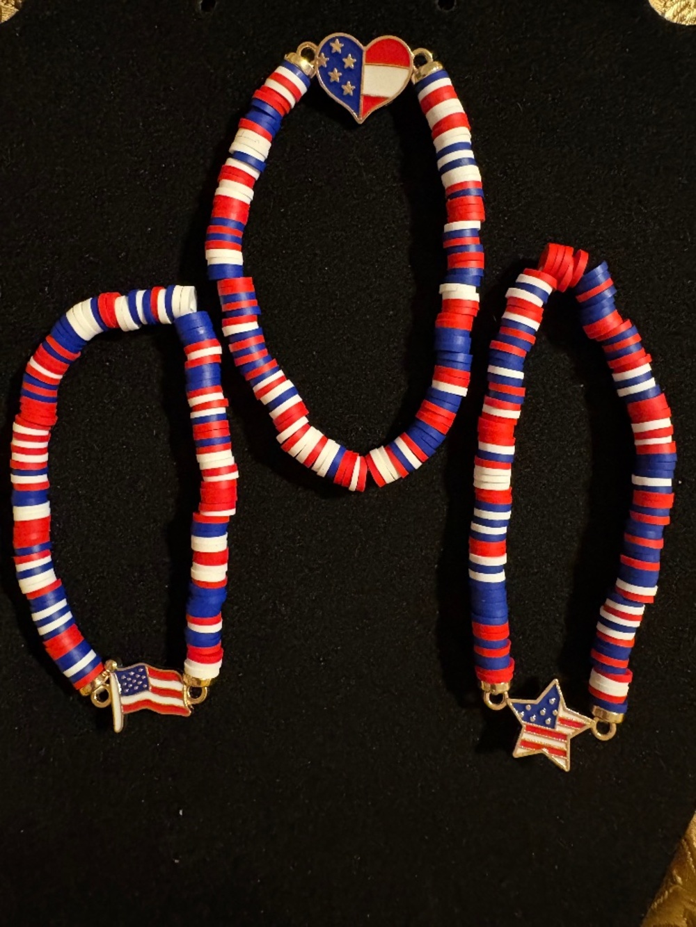 Patriotic Bracelet Set Heart Flag Star Red White Blue Stretch 3pc Bracelets